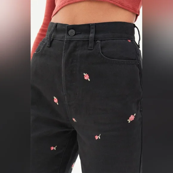 PacSun Rose Embroidered Black High Rise Mom Jeans Straight Ankle Length- 24 - Picture 3 of 13
